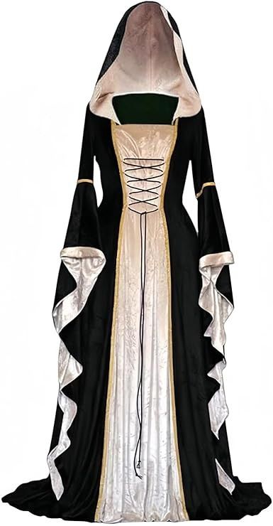 Black And Beige Medieval Style Hooded Dress imagen 1