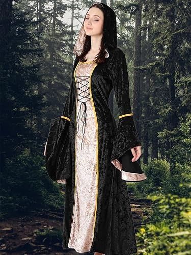 Black And Beige Medieval Style Hooded Dress imagen 4