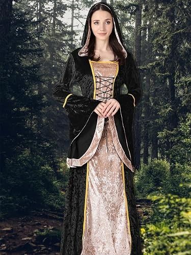 Black And Beige Medieval Style Hooded Dress imagen 3