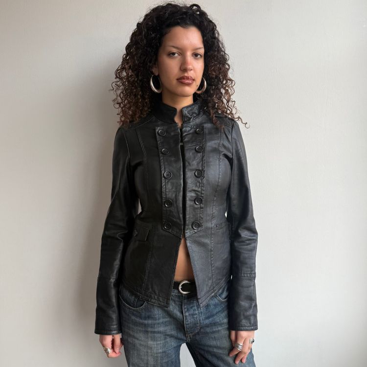 Black leather military jacket - Size S/M