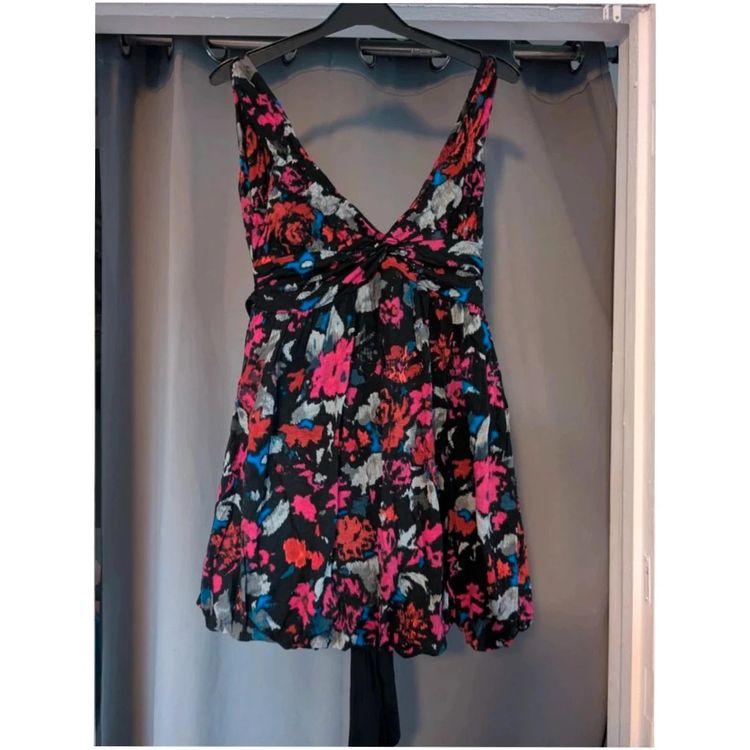 Rise Black Floral Abstract Balloon Hem Dress UK 12 Indie Whimsigoth obraz 1