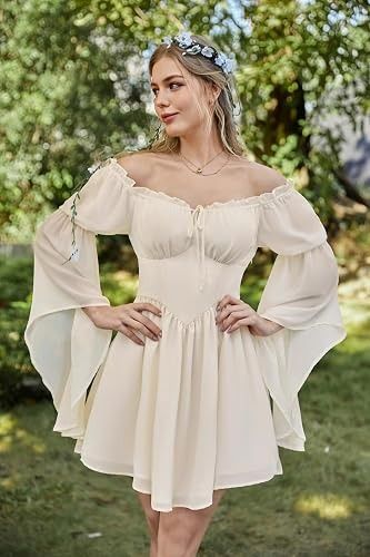 Immagine di Cream Off-Shoulder Dress With Flared Sleeves 2