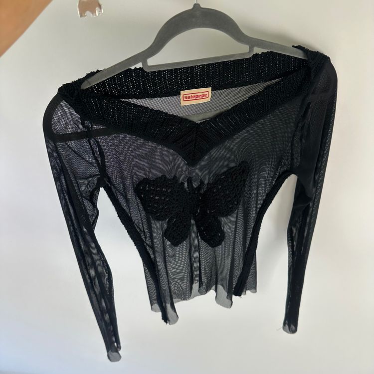 Salepepe Black Mesh Long Sleeve Top With Butterfly Detail