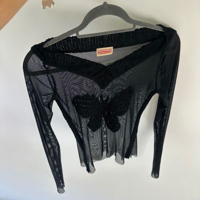 Salepepe Black Mesh Long Sleeve Top With Butterfly Detail