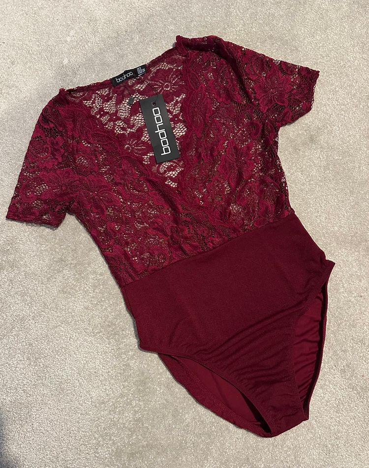 Boohoo Burgundy Lace Bodysuit