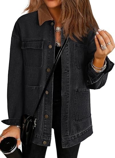Black Denim Jacket With Brown Collar obraz 2