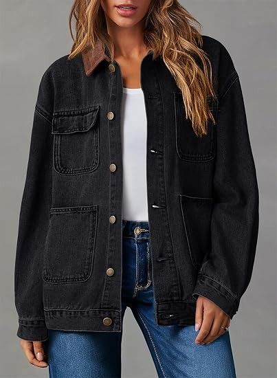 Black Denim Jacket With Brown Collar obraz 3