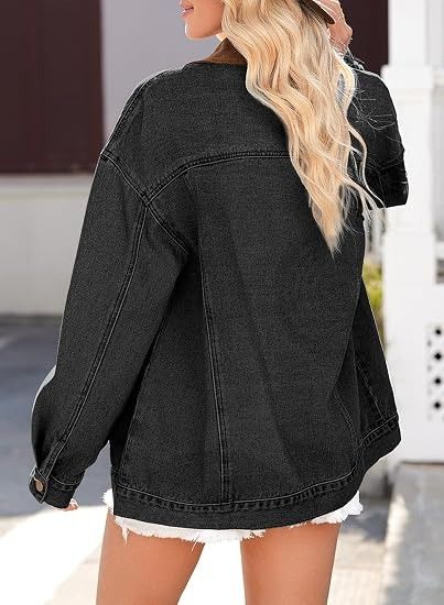 Black Denim Jacket With Brown Collar obraz 5