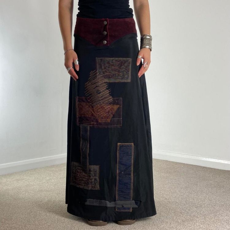 Save the queen Black Maxi Skirt With Patchwork And Buttoned Waist