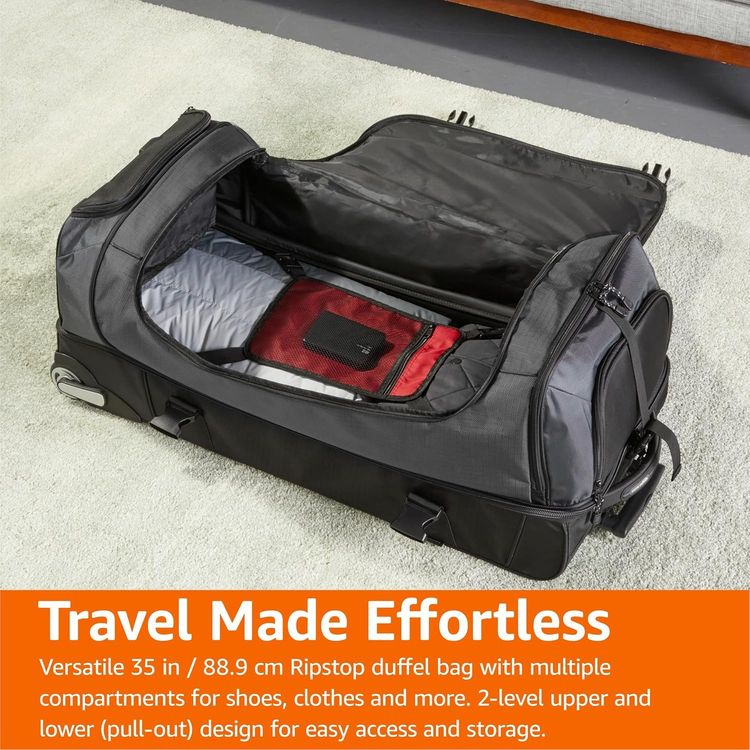 Black Ripstop Duffel Bag With Wheels image 3