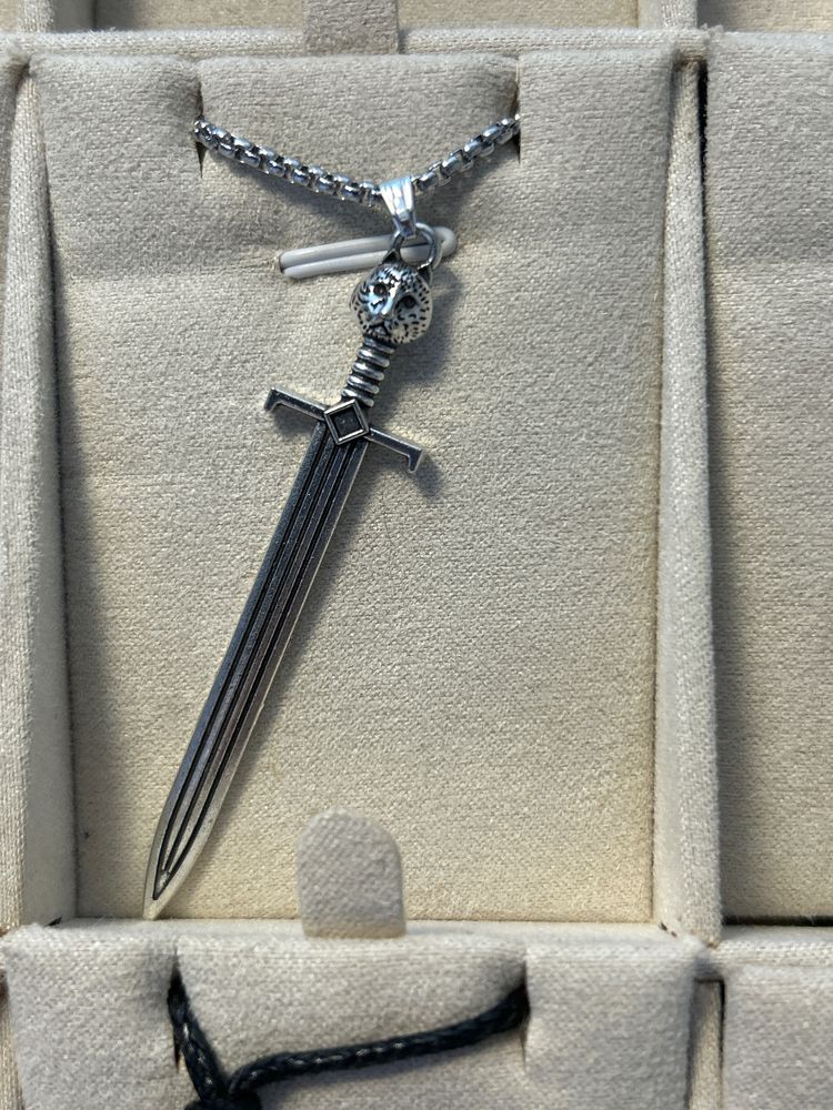 Silver Sword Pendant Necklace With Skull Detail