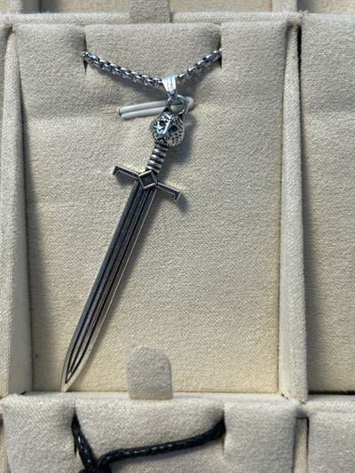 Silver Sword Pendant Necklace With Skull Detail