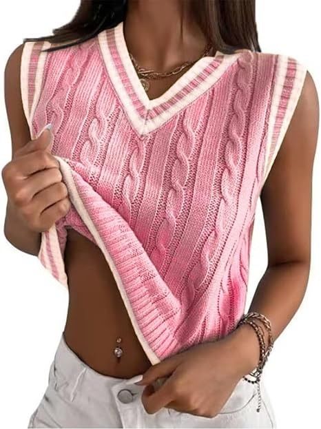 Pink Cable Knit Sleeveless Sweater Vest image 1