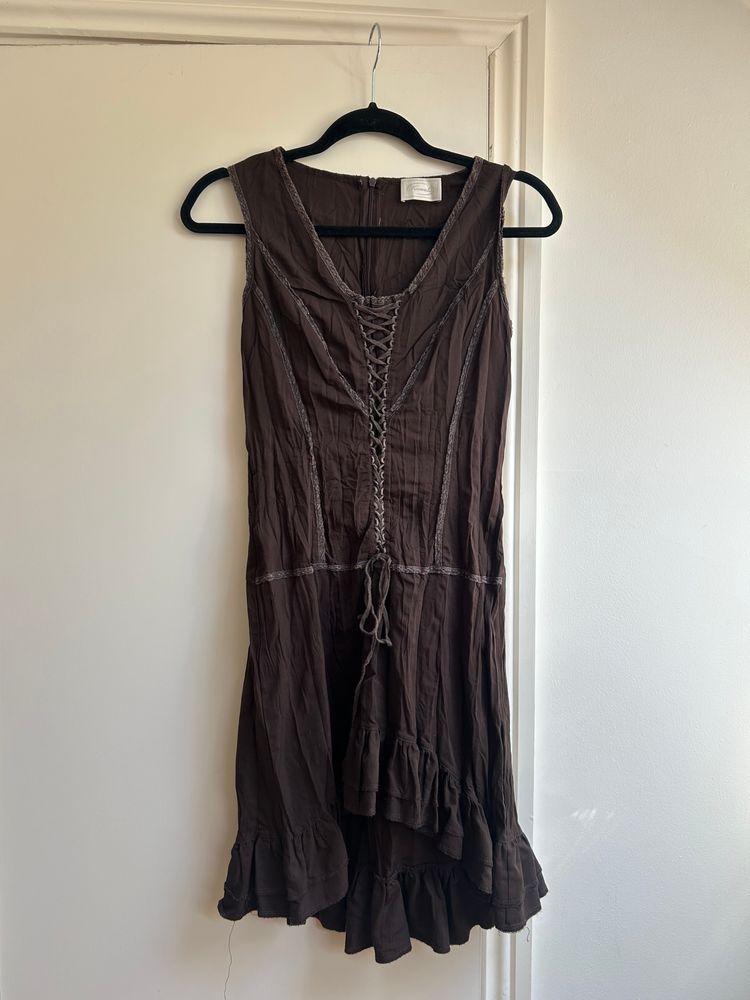 Unique Vintage  Brown frilly lace up ruffle Dress product image