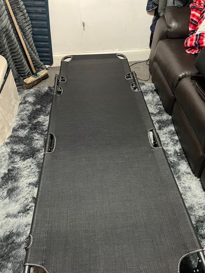 Folding Camping Bed With Blue Padded Mattress