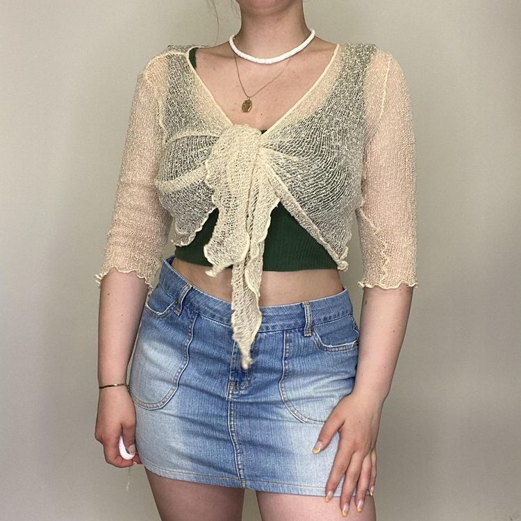 Other 90s 00s cream crinkle crochet tie top with lettuce hems.  product image