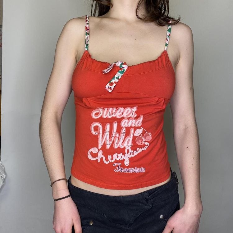 90s 00s cherry print top with tie neckline  3