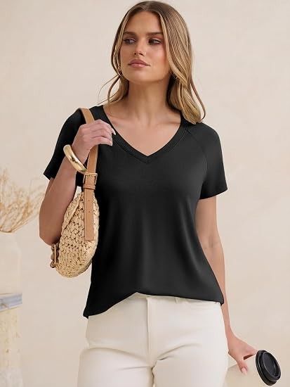 Black V-Neck Short Sleeve Top image 2