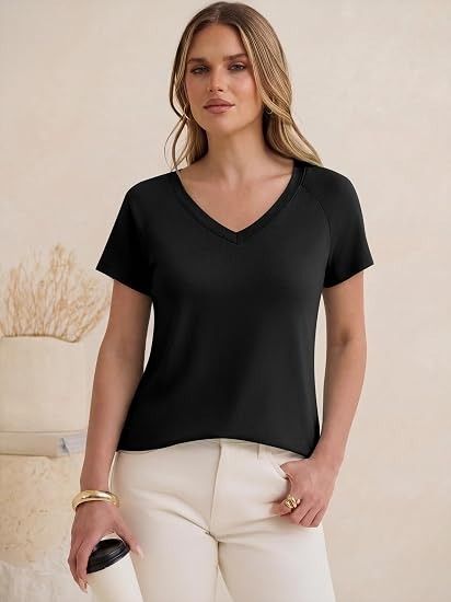 Black V-Neck Short Sleeve Top image 3
