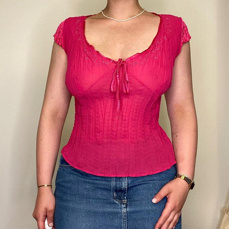 Other 90s 00s hot pink crinkle top with beading and embroidery.   product image