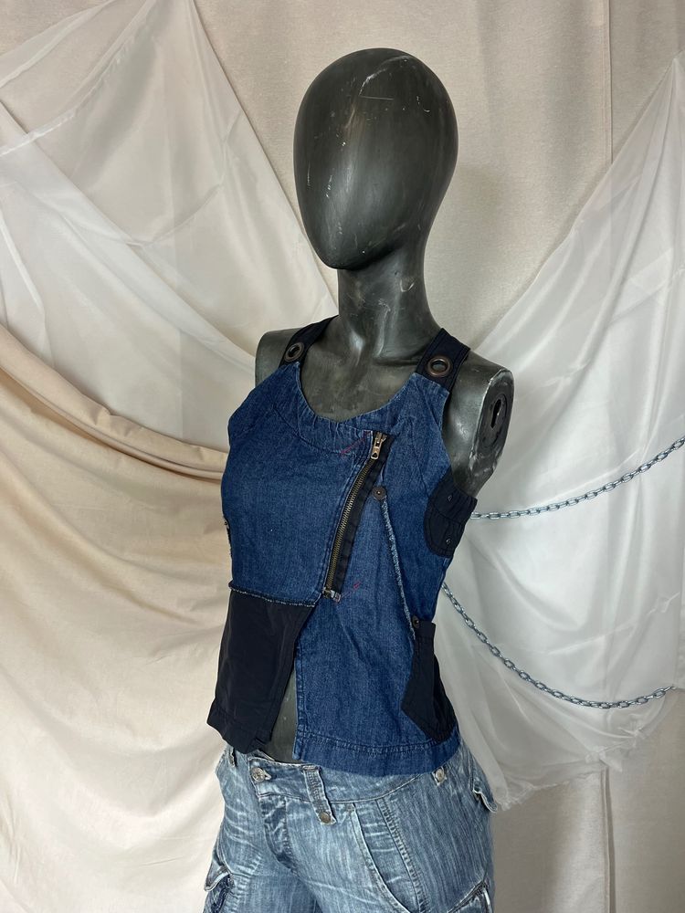 Denim And Black Fabric Sleeveless Top With Zipper