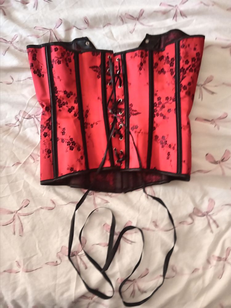Other Y2k Red Floral Corset With Black Lace-Up Detailing product image
