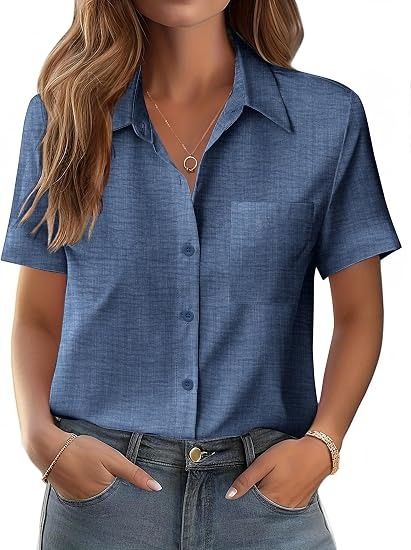 Blue Short Sleeve Button-Up Shirt obraz 1