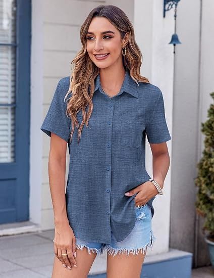 Blue Short Sleeve Button-Up Shirt obraz 2
