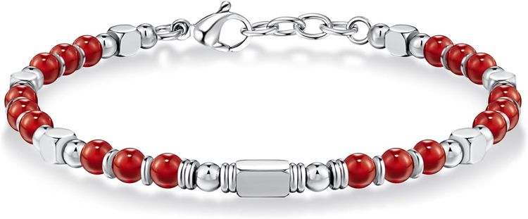 Red Natural Stone And Stainless Steel Bead Bracelet