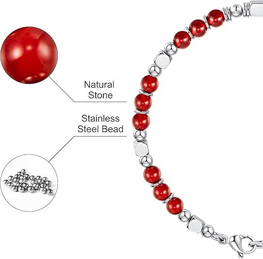 Red Natural Stone And Stainless Steel Bead Bracelet 4