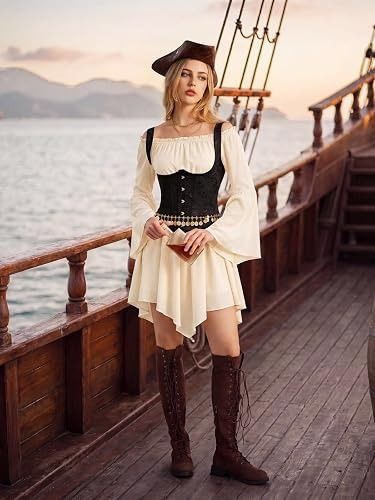 Immagine di Cream Off-Shoulder Dress With Flared Sleeves And Corset Belt 4