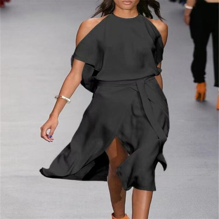 Black Cold Shoulder Top And Midi Skirt Set
