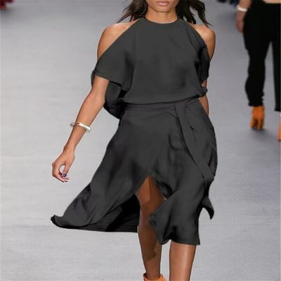 Black Cold Shoulder Top And Midi Skirt Set
