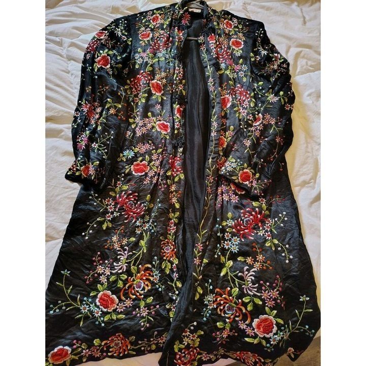 Black Floral Embroidered Long Coat image 3