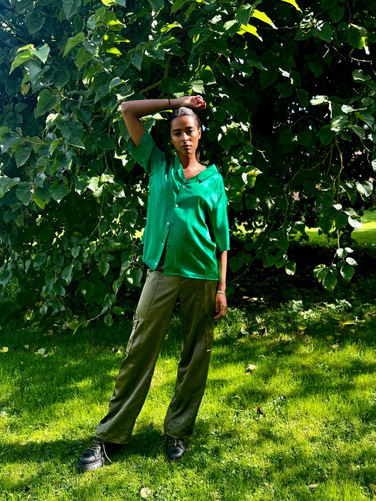 Olive Green Satin Cargo Pants 2