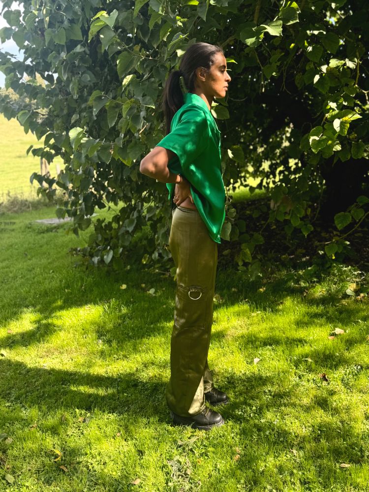 Olive Green Satin Cargo Pants 3