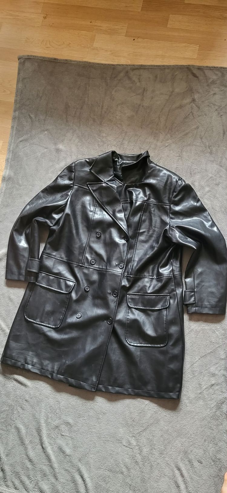 Black Leather Double-Breasted Coat