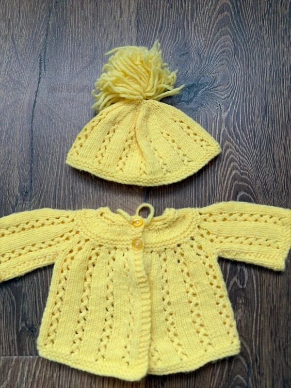 Yellow Knitted Baby Clothing Set With Hat, Cardigan, And Pants image 2