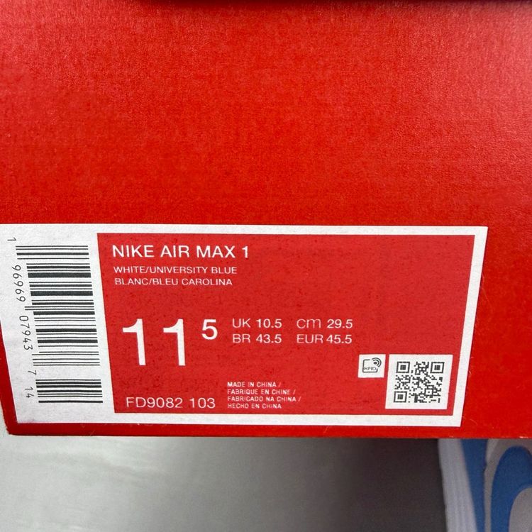 Nike Air Max 1 Size UK 10.5 University Blue White UNC Men's Trainers FD9082-103 image 5