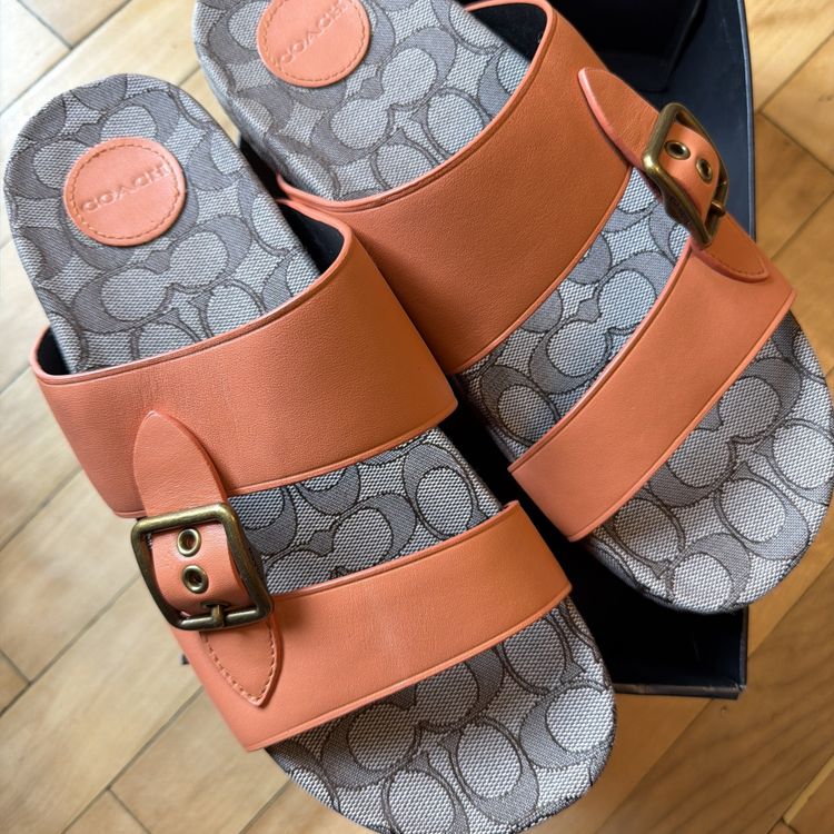 Immagine di Coach Addison Tangerine Orange Leather Signature C Slide Sandals Uk7.5 BNIB 1