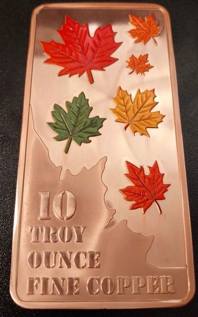 10 oz Copper Bar With Maple Leaf Designs