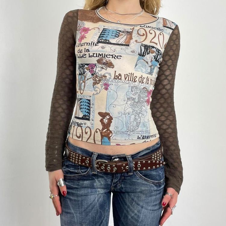 Brown Long Sleeve Mesh Top With Graphic Print