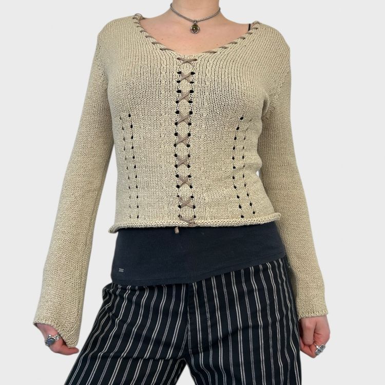 Roberto Cavalli Beige Knit Lace-Up Jumper - S