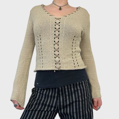 Roberto Cavalli Beige Knit Lace-Up Jumper - S