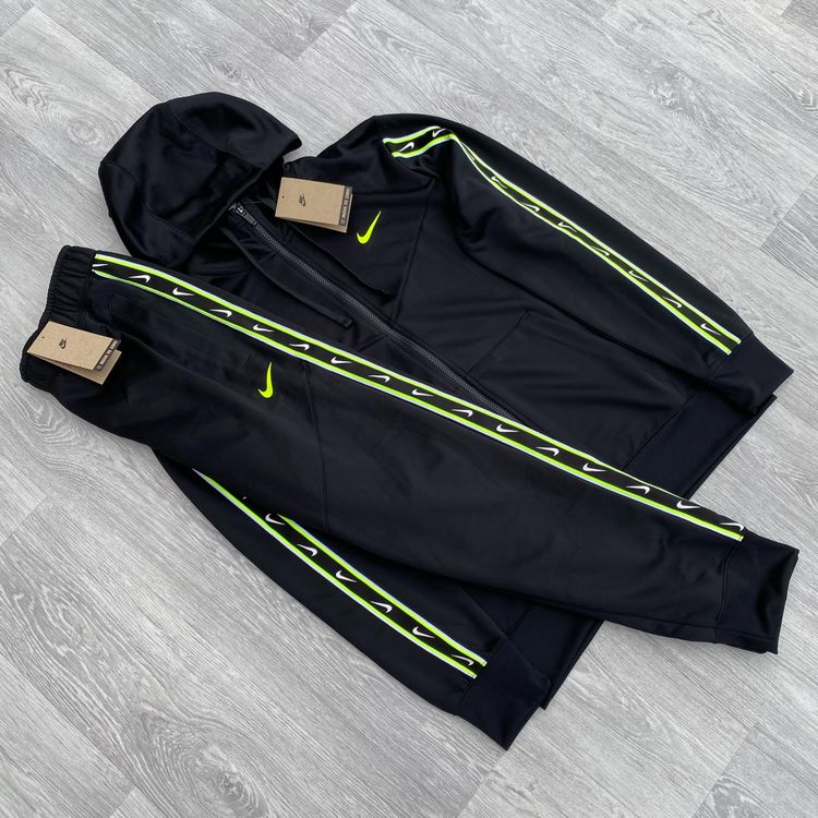 Nike Poly Repeat Logo Tape Tracksuit Zip Hoodie Joggers Sweatpants Set - Black