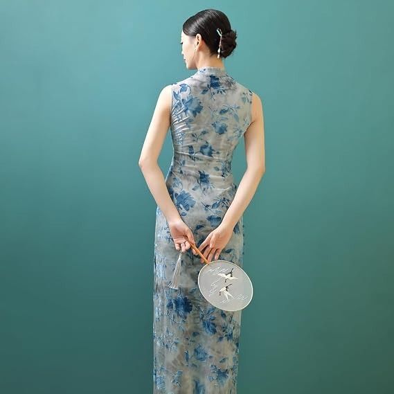 Blue Floral Sleeveless Cheongsam Dress obraz 2