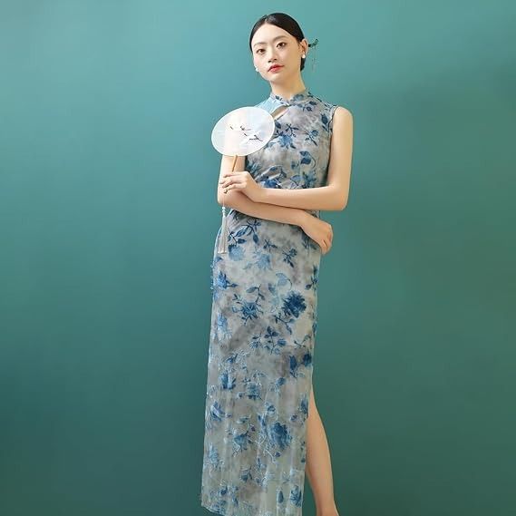 Blue Floral Sleeveless Cheongsam Dress obraz 5