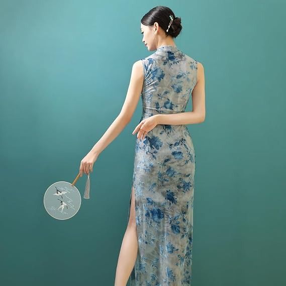 Blue Floral Sleeveless Cheongsam Dress obraz 4