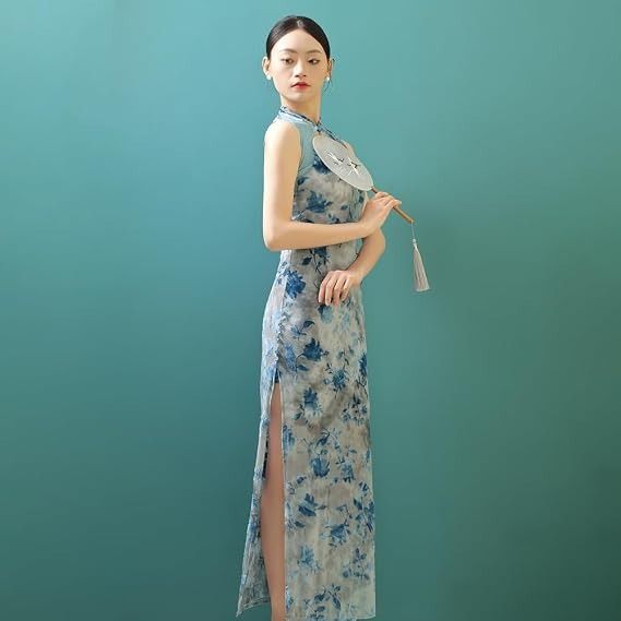 Blue Floral Sleeveless Cheongsam Dress obraz 1