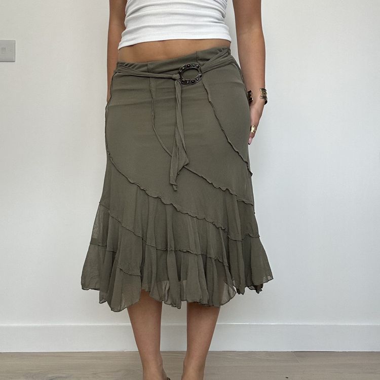 Unknown Olive Green Layered Midi Skirt with Belt product image